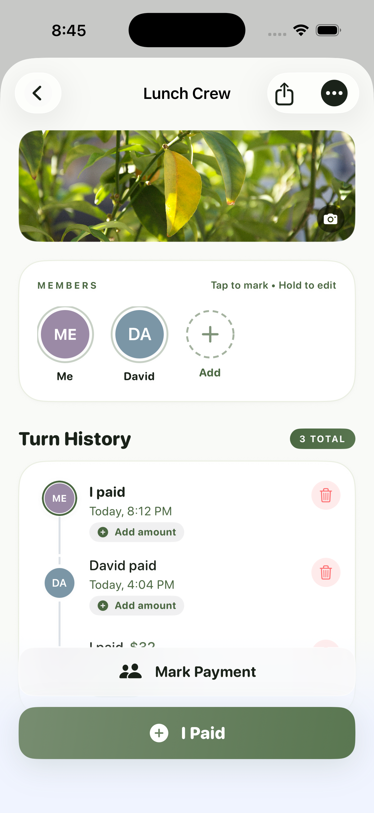 Whoz Turn app displaying the Lunch Crew group with members and payment history